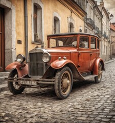 The vibrant red tones of a classic car complement the rustic ambiance of a narrow cobblestone street. The juxtaposition of modern engineering and historic setting creates a striking visual narrative