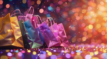 Colorful shopping bags on sparkling background with bokeh lights.