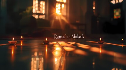 A creative composition of shadows forming the words "Ramadan Mubarak" on a flat surface, playing with light and darkness.