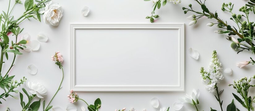 Mockup featuring a white frame decorated with flowers, designed for poster products.