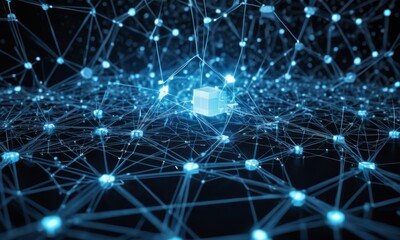 A singular cube-like node stands illuminated, highlighting its significance within the vast digital network. It symbolizes a data storage or a unique point in a cyber system. AI generation