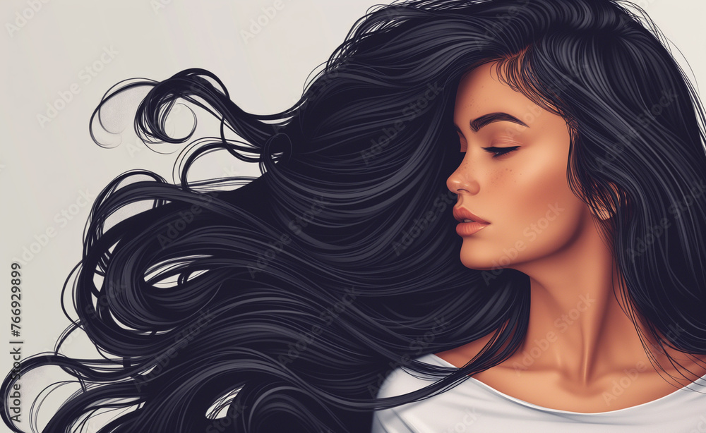 Wall mural a digital illustration of a woman with flowing black hair and expressive features, showcasing artist