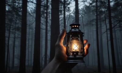 A lone hand emerges from the darkness, holding an illuminated lantern against a backdrop of fog-enshrouded pine trees. The light symbolizes hope and guidance amidst the mysterious, shadowy woods. AI - obrazy, fototapety, plakaty