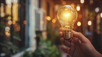 Inspirational thoughts Human hand holds a light bulb for lighting. Ideas for creativity and inspiration for sustainable business development and success generated by ai - obrazy, fototapety, plakaty