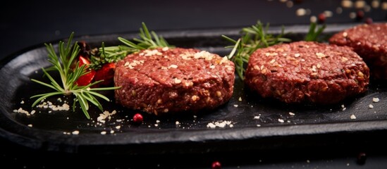 Three beef hamburger patties are displayed on a black plate, ready to be cooked into a delicious dish. The main ingredient is meat, sourced from a terrestrial plant