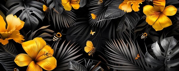 3d wallpaper with bees, black and white leaves, yellow flowers, palm tree, black background