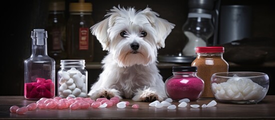 A small white Toy dog, a companion dog breed, sits on a table surrounded by jars of pills. Its snout is adorable with a hint of Magenta color