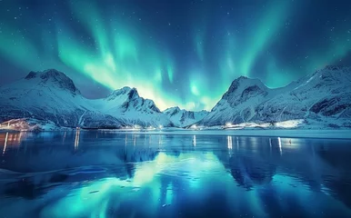 Foto op Plexiglas anti-reflex a snowy lake with snow covered mountains and a bright blue sky © klakonstudio