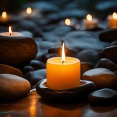Obraz na płótnie Canvas Candle with a flame, surrounded by natural stones, wax light, kerze, vela, candela, bougie, image stockphoto 