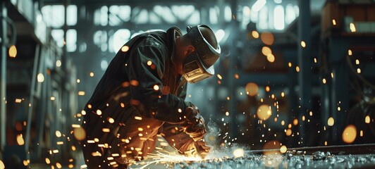 Skilled welder in action, cutting metal with bright sparks flying in an industrial environment. Concept showcases manual skill, precision in metalwork, and industrial labor. - obrazy, fototapety, plakaty