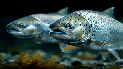 Close-up of pair of wild salmon fish swimming in the river