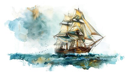 Tranquil watercolor sailing ship on calm seas, clipart isolated, inspiring exploration and adventure