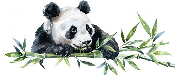 Peaceful watercolor panda munching bamboo, clipart isolated, for a serene and adorable nursery addition - obrazy, fototapety, plakaty