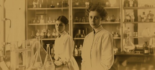 Two young female scientists in lab coats standing in a vintage chemistry laboratory. The sepia-toned photograph conveys a sense of history and the early days of women's involvement in science.