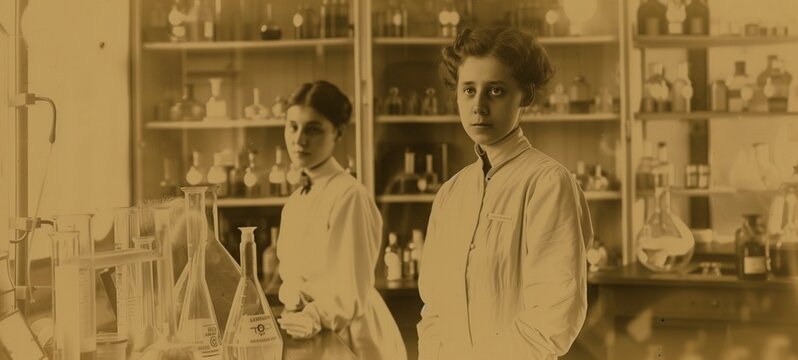 Two young female scientists in lab coats standing in a vintage chemistry laboratory. The sepia-toned photograph conveys a sense of history and the early days of women's involvement in science.