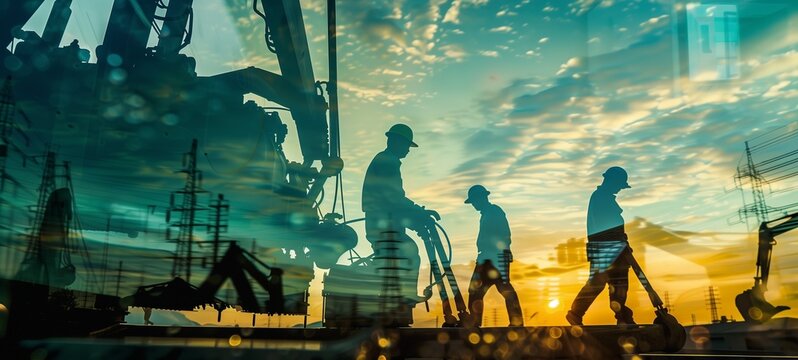 Silhouette of construction workers and heavy machinery against a vibrant sunrise sky. The image captures the essence of industrial progress and the energy of a new day on the job site.
