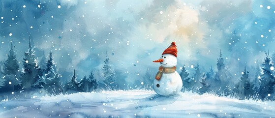 Naklejka na ściany i meble Serene watercolor winter landscape with a snowman, clipart isolated, for a magical winter wonderland nursery theme