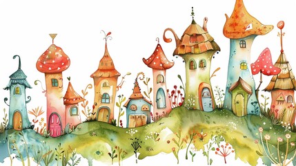 Whimsical watercolor gnome village, clipart isolated, inviting stories and imagination