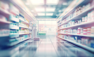 A clean, brightly lit pharmacy aisle filled with neatly arranged products, representing health and wellness retail.
