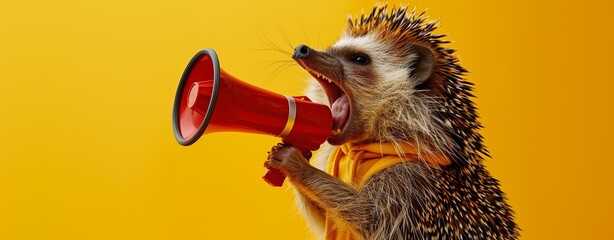 Attention-grabbing concept. An animated hedgehog in a scarf loudly speaking into a red megaphone on a vivid yellow background. - obrazy, fototapety, plakaty