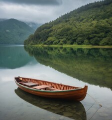 Obraz premium The calm waters of a mountain lake perfectly mirror the encircling greenery and moody sky, with a wooden boat floating idly. Mist lingers between the hills, adding a touch of mystery. AI generation