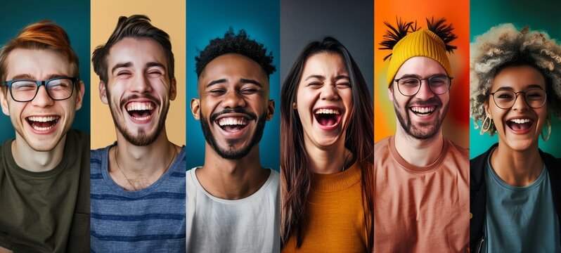 Collage of diverse, joyful people laughing, captured in close-up portraits. The set portrays happiness and positivity with individuals from different backgrounds, each against a colorful backdrop.