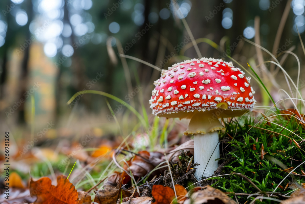 Poster fly agaric in the forest. background with selective focus and copy space