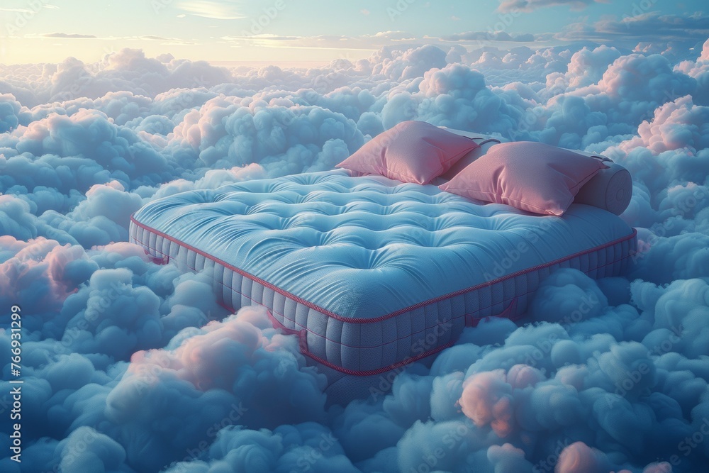 Poster a bed is floating in the sky with clouds surrounding it