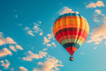 Fototapeta na wymiar A colorful hot air balloon is floating in the sky above a blue