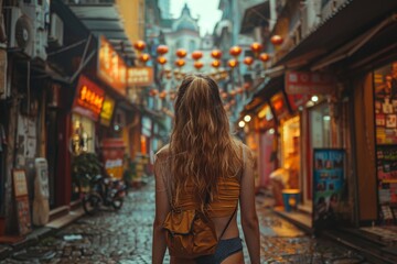 Fototapeta na wymiar Young woman with a backpack walking down an alley adorned with red lanterns in an Asian city