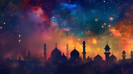 Foto op Canvas A colorful night sky adorned with glowing stars, symbolizing the spiritual beauty and tranquility of Ramadan. © Kanwal