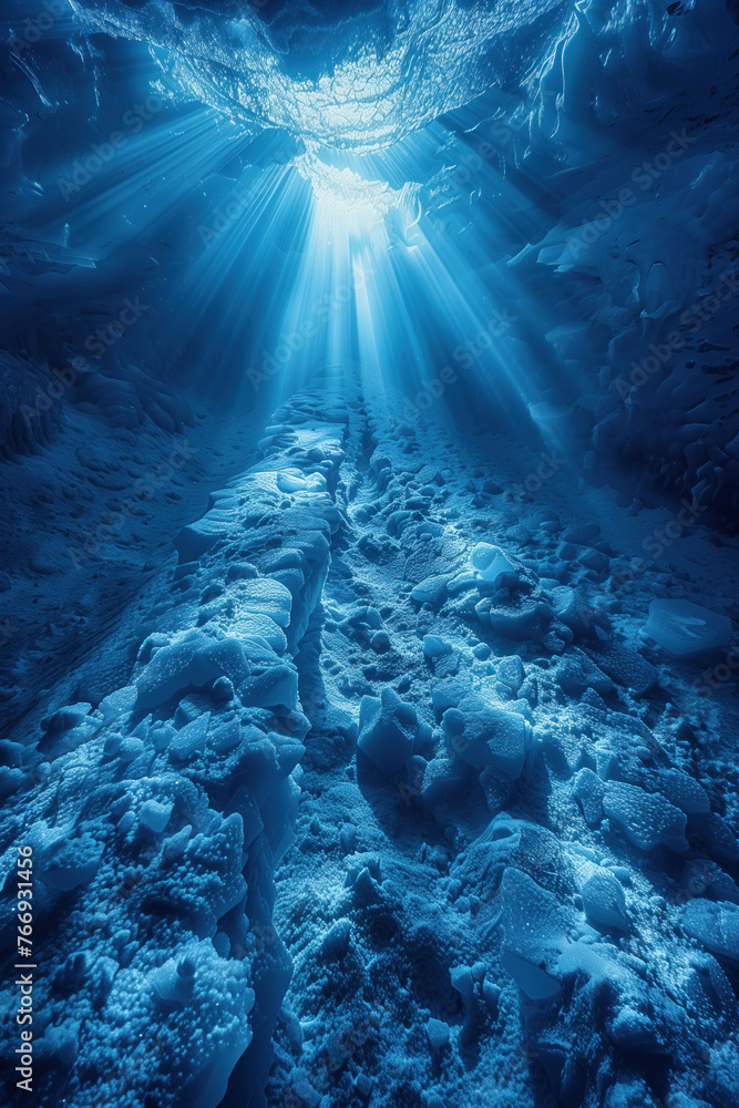 Poster sun beams inside an ice cave. background image. created with generative ai technology.