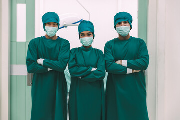 Medical teamwork of asian doctor surgeon and nurse team in emergency room at hospital