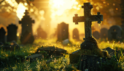 Sunlit Tombstones in Tranquil Graveyard - Powered by Adobe