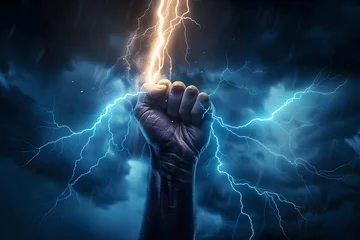 Fotobehang Hand holding up a lightning bolt. Energy and power. Stormy background. Blue glow. Zeus, thor. © Prasanth