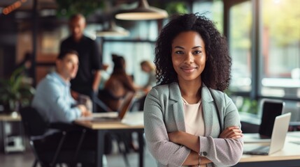 Portrait of young African American female looking camera standing arm crossed in front of colleagues running a business startup or new career path occupation, businesswoman lady lifestyle working - obrazy, fototapety, plakaty
