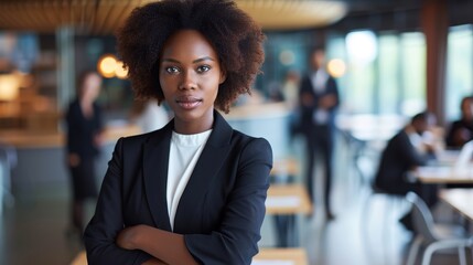 Portrait of young African American female looking camera standing arm crossed in front of colleagues running a business startup or new career path occupation, businesswoman lady lifestyle working