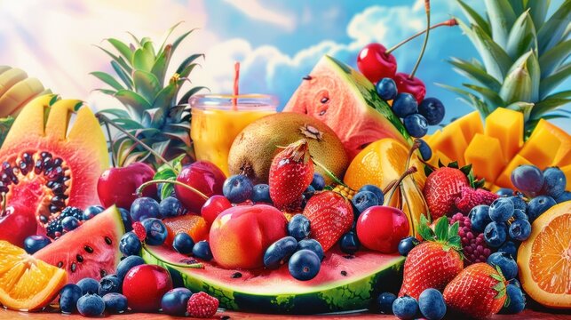 images of various tropical fruits, bright colors, fresh AI generated images.