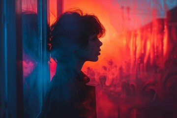 A mysterious person stands with a face obscured by a black square, bathed in vibrant neon red and blue lights