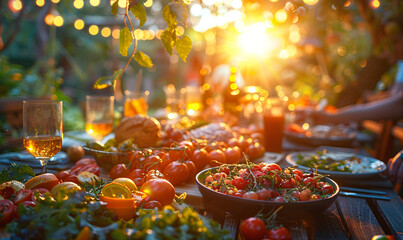 Outdoor dinner party at sunset with friends. Warm summer evening and dining alfresco concept for design and print. Sunlit festive table setting with copy space