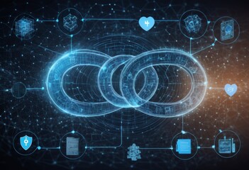 Digital rings interlock, symbolizing the interconnected nature of healthcare services and patient data. This visual metaphor highlights the seamless exchange of information in the health sector. AI