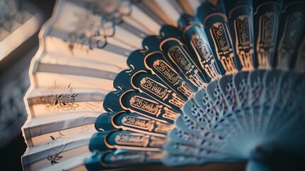A close-up shot of a traditional hand fan with delicate patterns and the words 