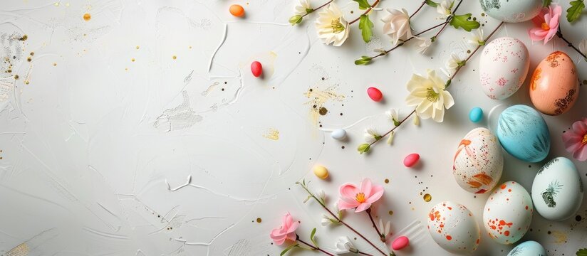 Easter-themed background with festive eggs, flowers, and space for text, shot from above with a focus on certain elements.