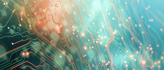 Abstract computer lines and circuit board art over a gentle blue blur