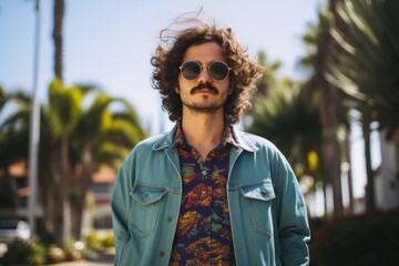 Portrait of a handsome young man with curly hair and sunglasses.
