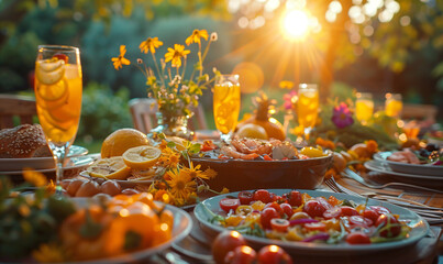 Outdoor dinner party at sunset with friends. Warm summer evening and dining alfresco concept for design and print. Sunlit festive table setting with copy space