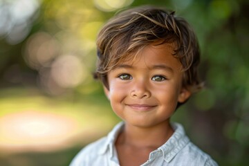A young boy with brown hair and brown eyes is smiling