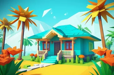 Foto op Plexiglas Cozy tropical bungalow set against a beautiful tropical landscape with mountains and palm trees. The concept of recreation in the southern warm countries. Horizontal illustration on the theme of summe © Olga