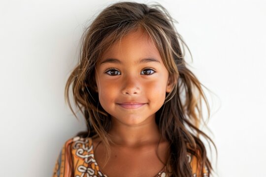 A young girl with long brown hair and a smile on her face