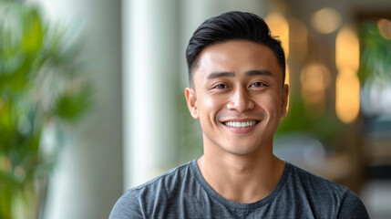 A man with a mustache and a smile is standing in front of a wall. He is wearing a gray shirt and a gray jacket. a smiling Southeast Asian in his 30s